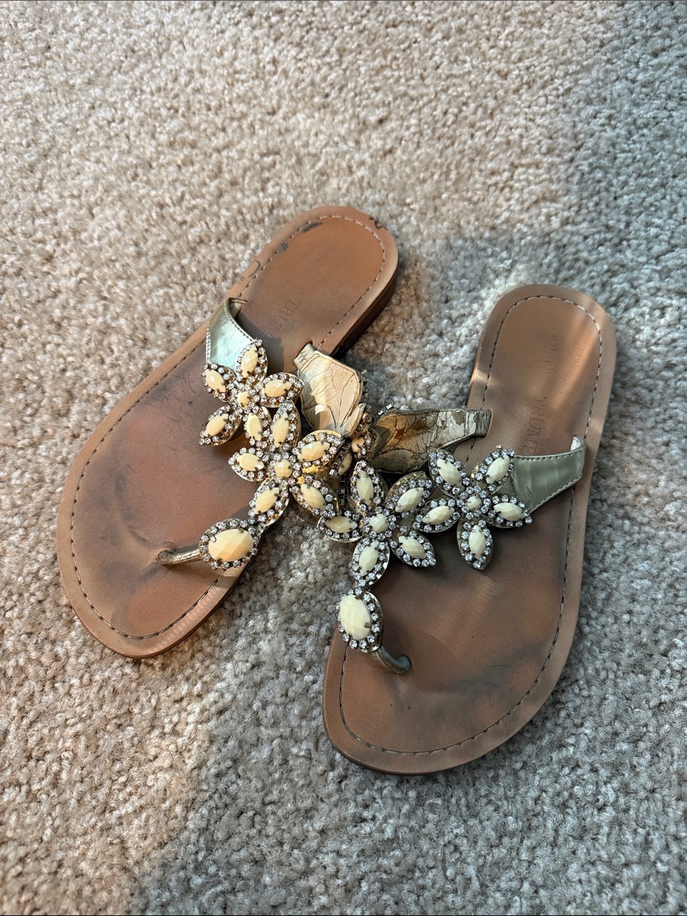 Ivanka Trump Gold Floral Jeweled Toe-Post Sandals